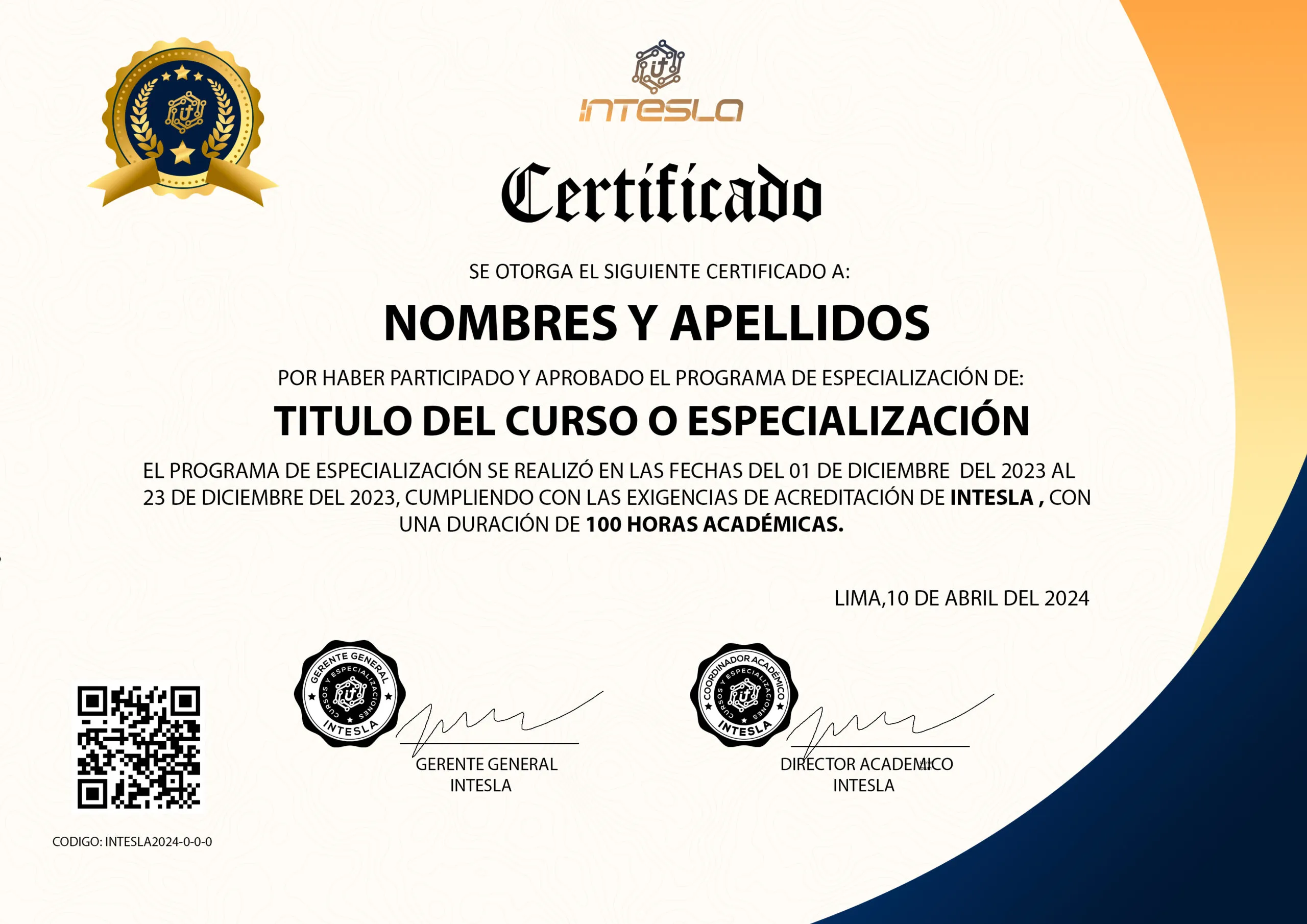 Ejemplo de certificado INTESLA verificable